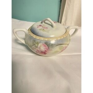 RS Germany Hand Painted Sugar Bowl Lidded With Handles Blue Iris Pink
